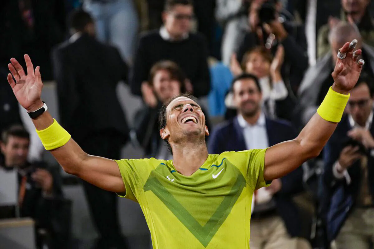 Spain's Rafael Nadal celebrates winning his quarterfinal match against Serbia's Novak Djokovic in four sets, 6–2, 4–6, 6–2, 7–6 (7–4), at the French Open tennis tournament in Roland Garros stadium in Paris, on June 1, 2022. (Christophe Ena/AP Photo)