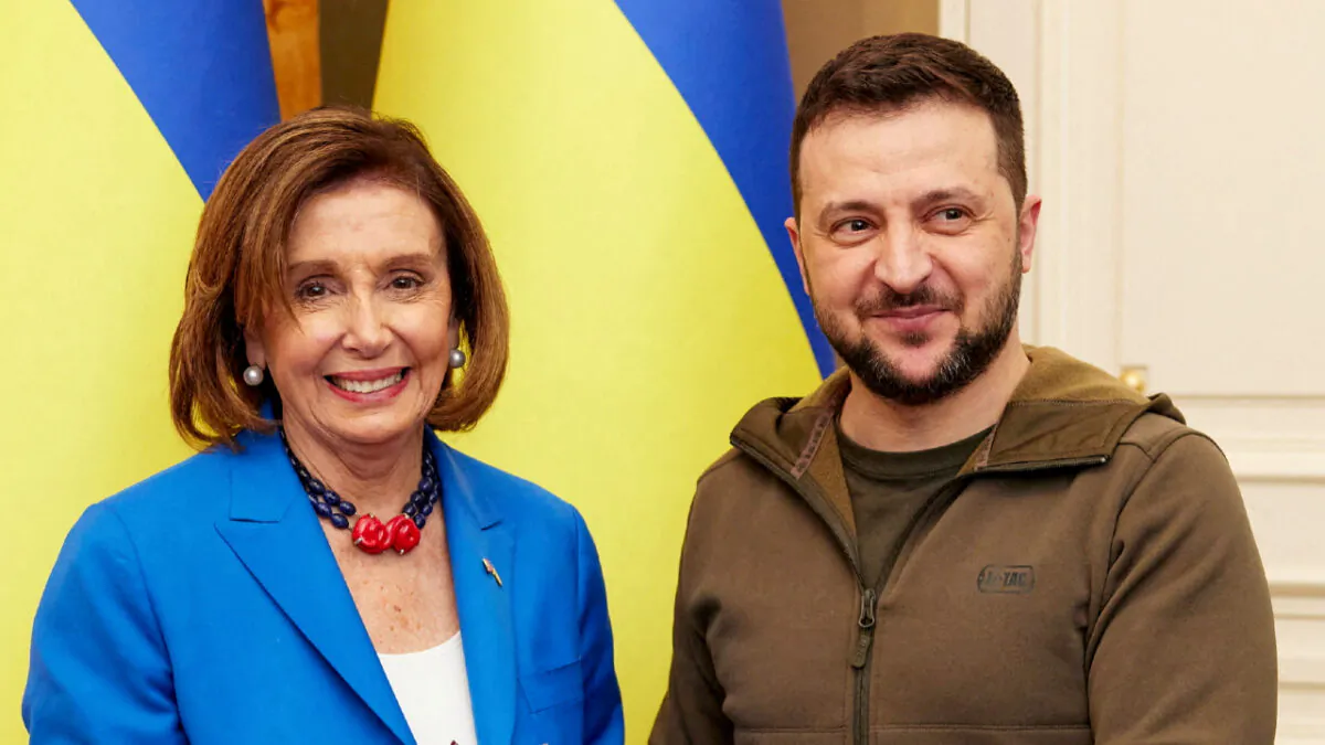 U.S. House Speaker Nancy Pelosi (L) and Ukrainian President Volodymyr Zelenskyy pose for a picture after their meeting in Kyiv, Ukraine, on April 30, 2022. (Ukrainian Presidential Press Office via AP)