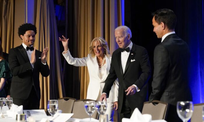 President Joe Biden and First Lady Jill Biden arrive at the annual White House Correspondents' Association dinner in Washington on April 30, 2022. (Patrick Semansky/AP Photo)