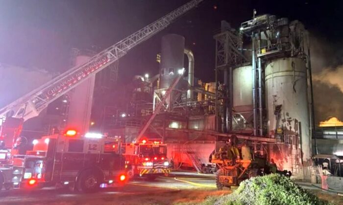 Firefighters respond to an industrial fire that threatened a Perdue Farms facility in Virginia on April 30, 2022. (Chesapeake, Virginia Fire Department)