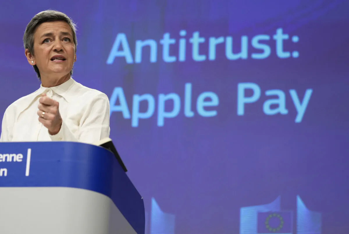 European Union Competition Commissioner Margrethe Vestager speaks at a press conference in Brussels on May 2, 2022. (Virginia Mayo/AP Photo)