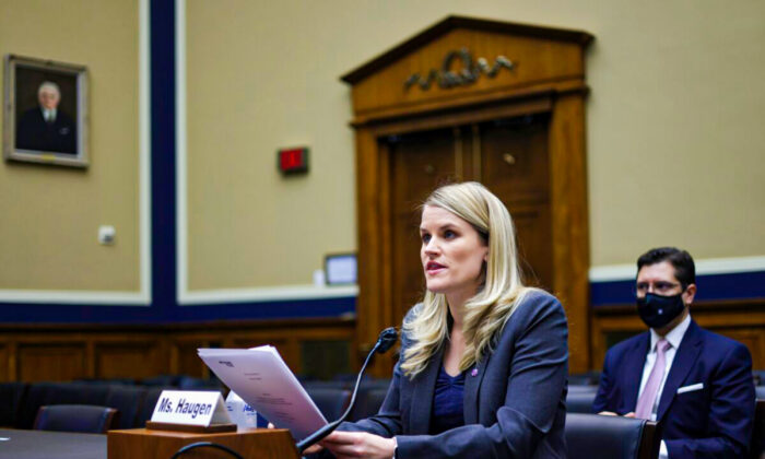 Former Facebook employee Frances Haugen testifies during a hearing before the Communications and Technology Subcommittee of House Energy and Commerce Committee, on Capitol Hill in Washington, on Dec. 1, 2021. (Alex Wong/Getty Images)