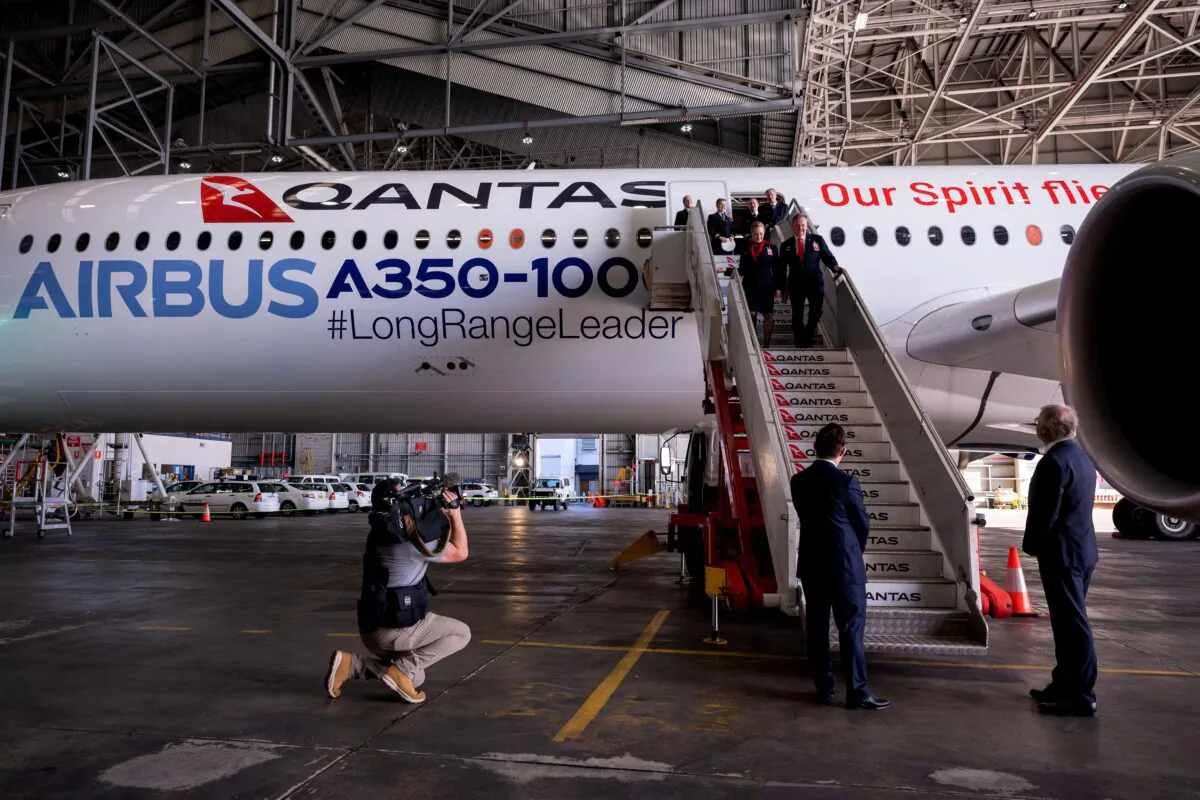 An Airbus A350-1000 aircraft is seen inside a hangar at Sydney international airport in Sydney, Australia, on May 2, 2022. (Wendell Teodoro/AFP via Getty Images)