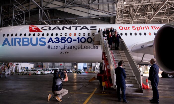 An Airbus A350-1000 aircraft is seen inside a hangar at Sydney international airport in Sydney, Australia, on May 2, 2022. (Wendell Teodoro/AFP via Getty Images)