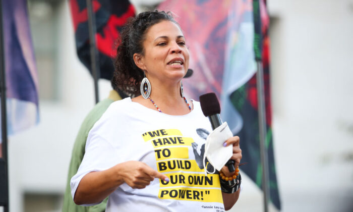 Melina Abdullah speaks during the BLD PWR and Black Lives Matter Los Angeles final march to the polls in Los Angeles on Oct. 28, 2020. (Rich Fury/Getty Images)