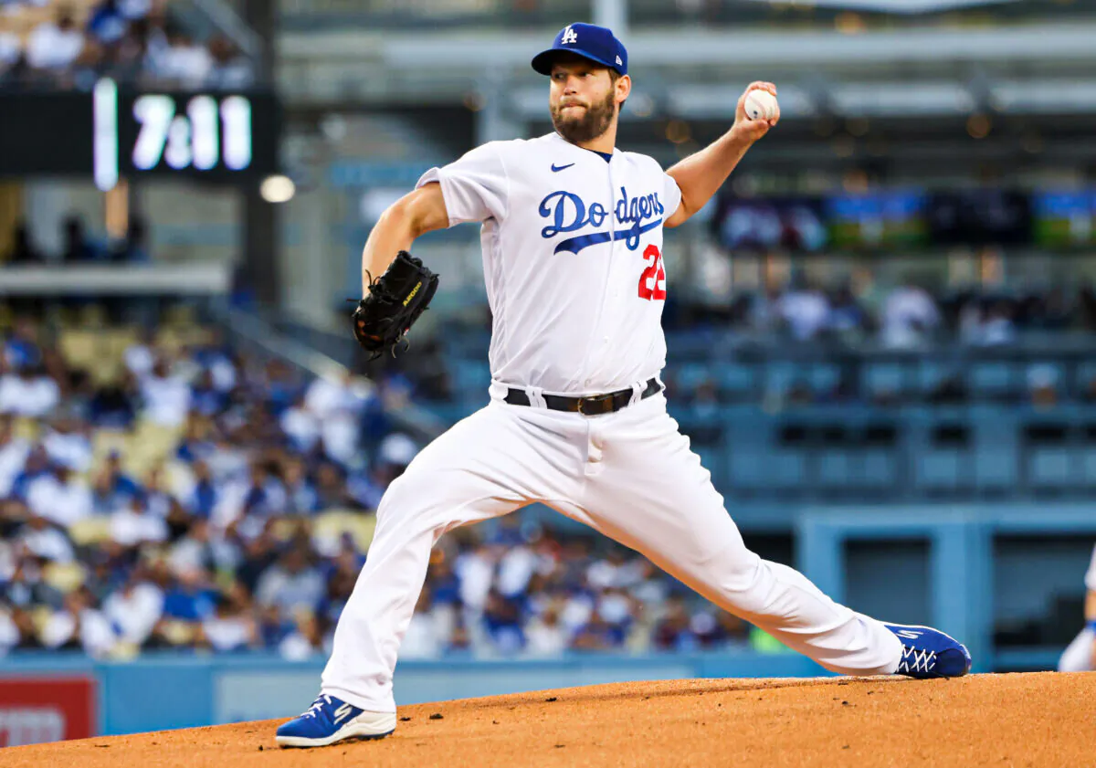 Clayton Kershaw #22 of the Los Angeles Dodgers pitches during the first inning against the Detroit Tigers at Dodger Stadium, in Los Angeles, on April 30, 2022. (Katelyn Mulcahy/Getty Images)