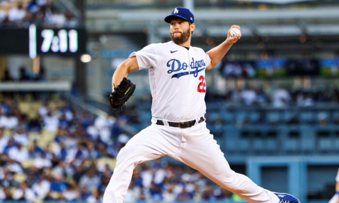 Clayton Kershaw #22 of the Los Angeles Dodgers pitches during the first inning against the Detroit Tigers at Dodger Stadium, in Los Angeles, on April 30, 2022. (Katelyn Mulcahy/Getty Images)