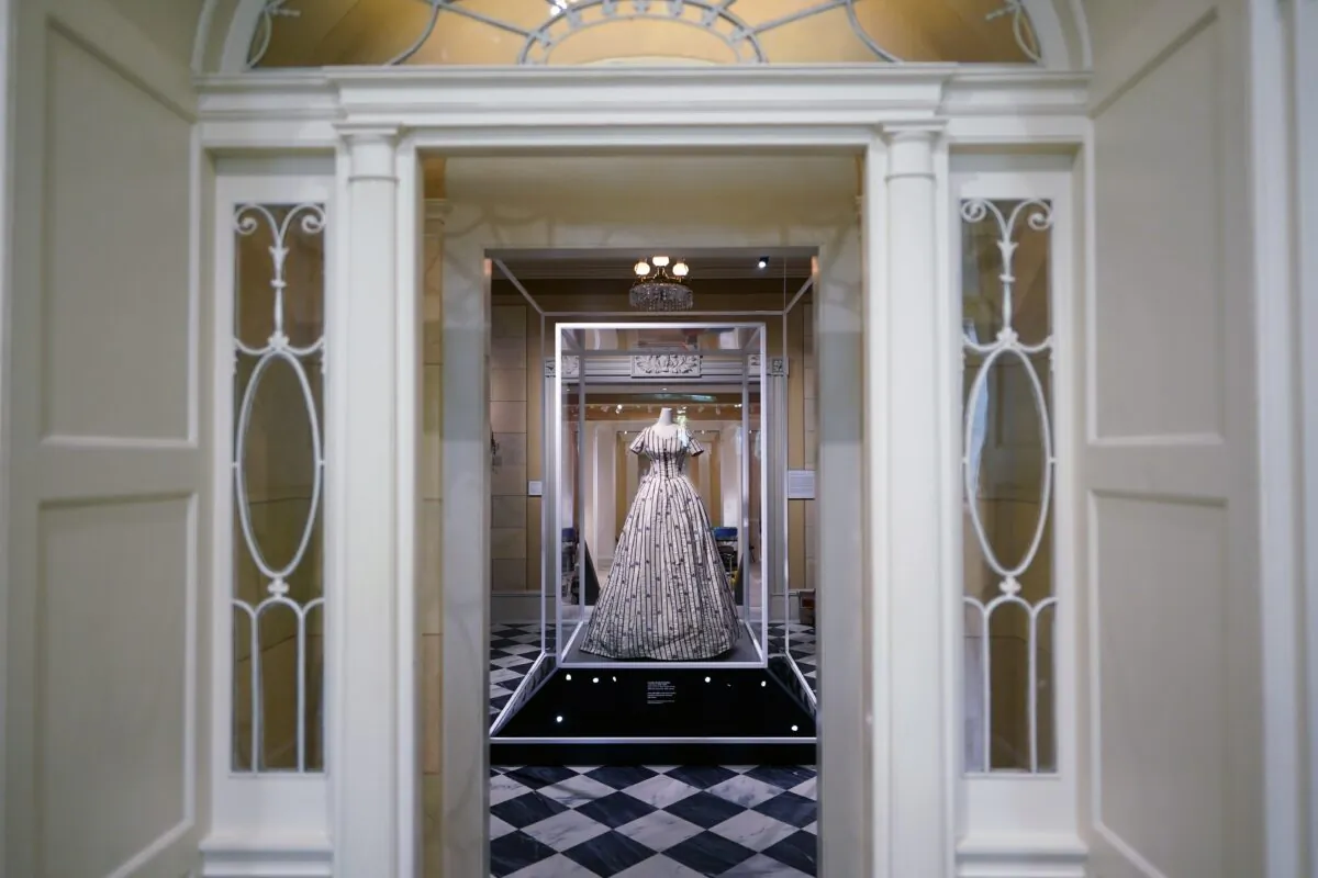 A dress worn by Mary Todd Lincoln is displayed as part of the Met Museum Costume Institute's exhibit "In America: A Lexicon of Fashion" in New York on April 30, 2022. (Charles Sykes/Invision/AP)