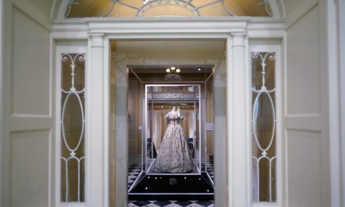A dress worn by Mary Todd Lincoln is displayed as part of the Met Museum Costume Institute's exhibit "In America: A Lexicon of Fashion" in New York on April 30, 2022. (Charles Sykes/Invision/AP)