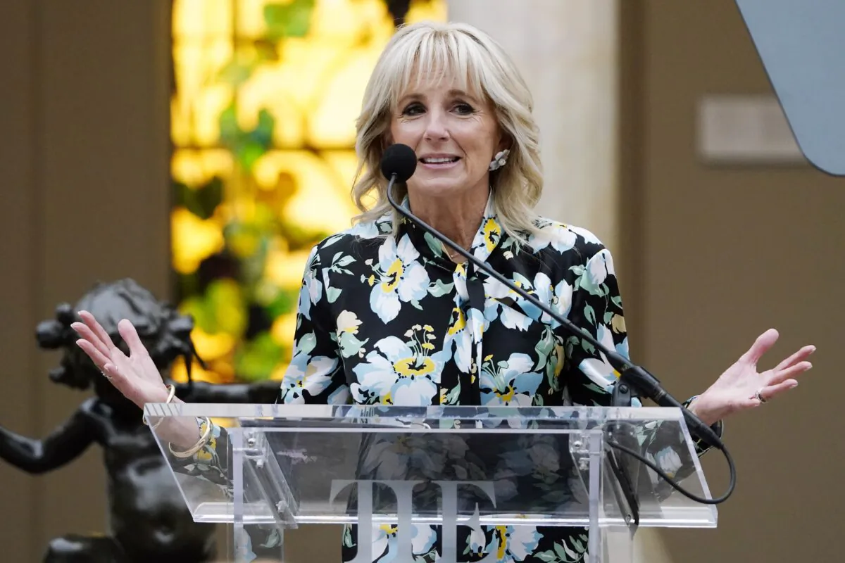 First Lady Jill Biden speaks at the unveiling of the Met Museum Costume Institute's exhibit "In America: A Lexicon of Fashion" in New York on May 2, 2022. (Charles Sykes/Invision/AP)
