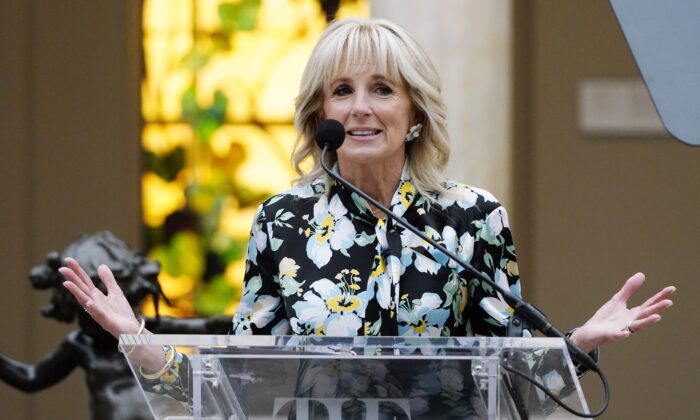 First Lady Jill Biden speaks at the unveiling of the Met Museum Costume Institute's exhibit "In America: A Lexicon of Fashion" in New York on May 2, 2022. (Charles Sykes/Invision/AP)