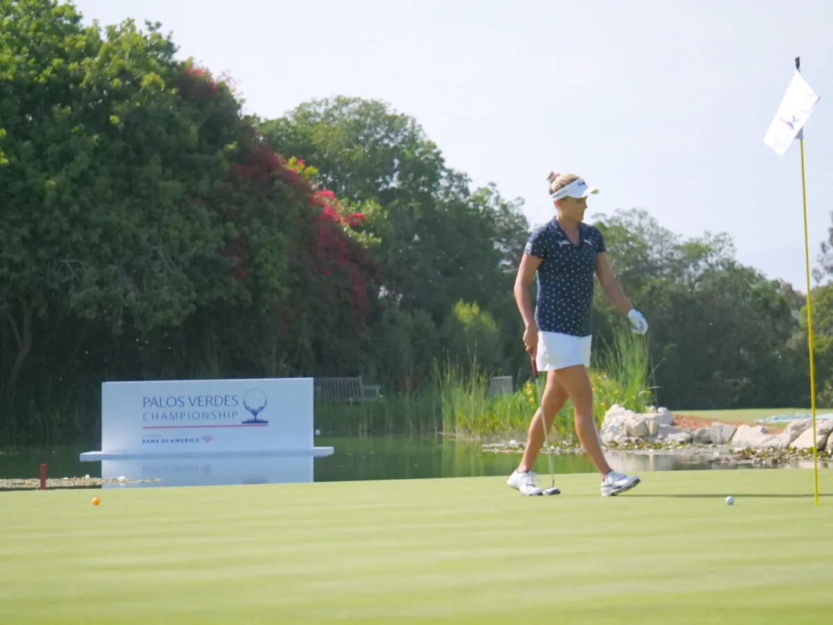 Lexi Thompson after attempting eagle putt on hole #16 in a practice round, at the Palos Verdes Championship, at Palos Verdes Golf Club, in Palos Verdes Estates, Calif., on April 26, 2022. (Nhat Hoang/The Epoch Times)