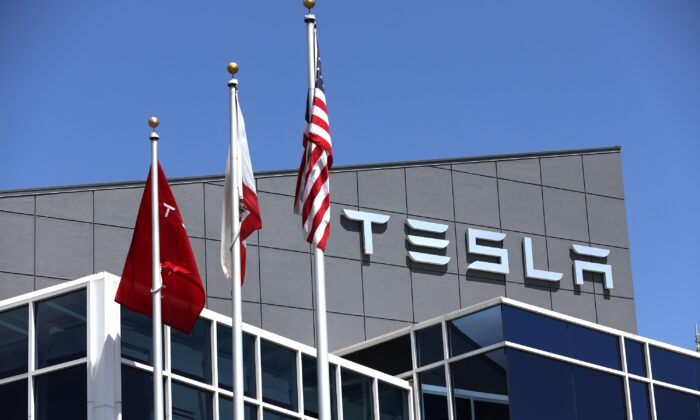 A Tesla office is shown in Fremont, Calif., on April 20, 2022. (Justin Sullivan/Getty Images)