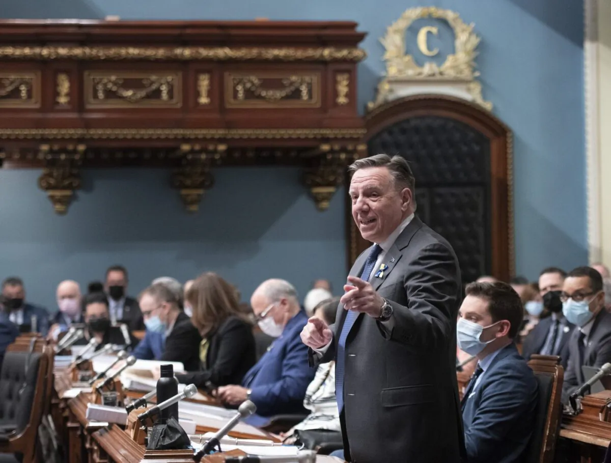 Quebec Premier François Legault responds to the Opposition during question period March 22, 2022, at the legislature in Quebec City. (The Canadian Press/Jacques Boissinot)