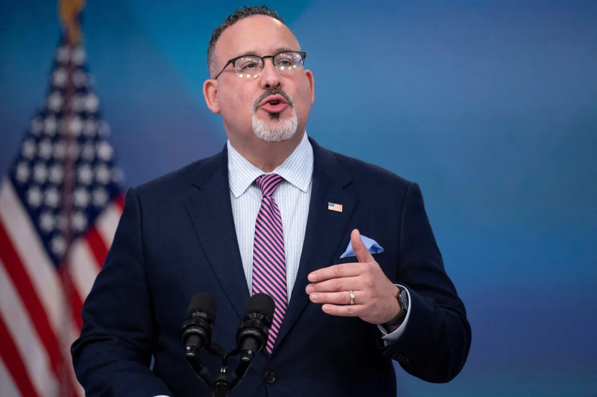 U.S. Secretary of Education Miguel Cardona speaks at an event in Washington, DC, on March 16, 2022. (Jim Watson/AFP via Getty Images)