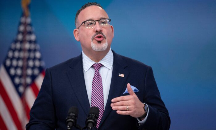 U.S. Secretary of Education Miguel Cardona speaks at an event in Washington, DC, on March 16, 2022. (Jim Watson/AFP via Getty Images)