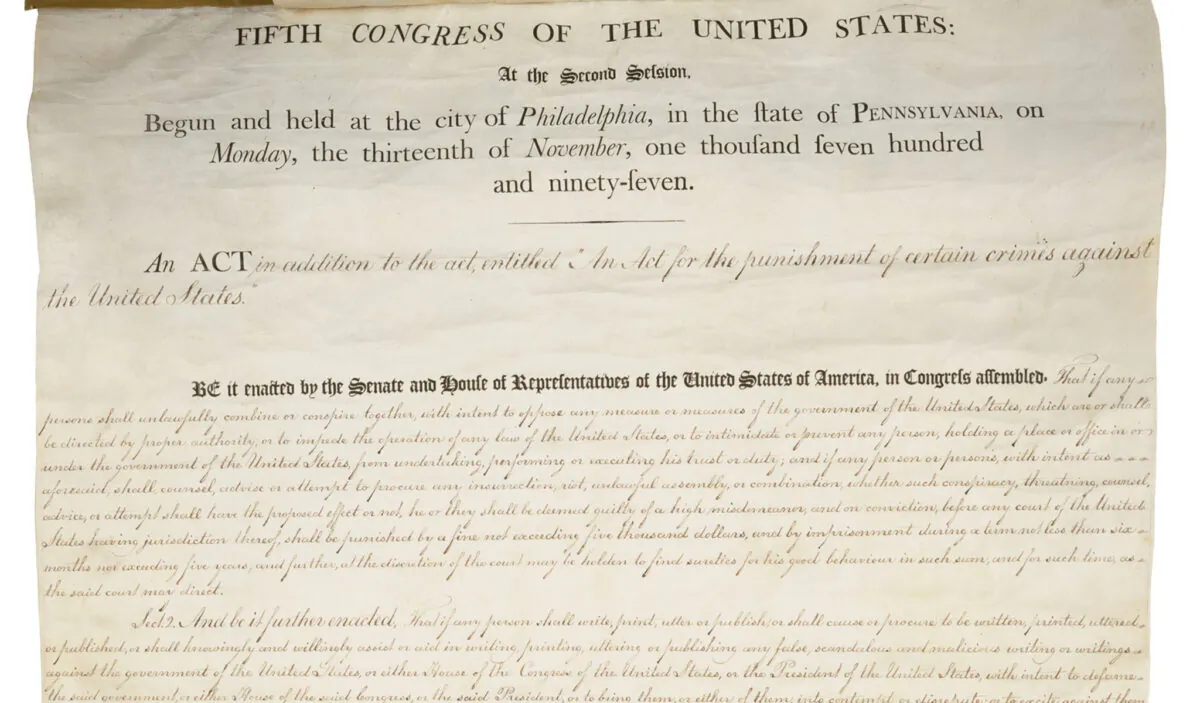 "Alien and Sedition Acts of 1798," a handwritten document dated July 6, 1798.  (Everett Collection/Shutterstock)