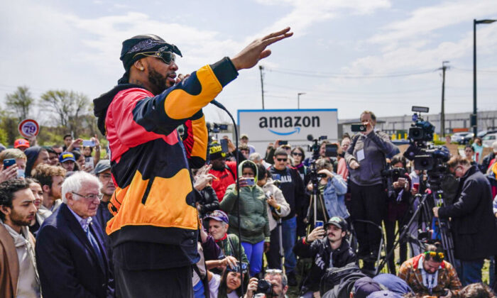 Christian Smalls, president of the Amazon Labor Union, speaks at a rally outside an Amazon facility on Staten Island, New York, on April 24, 2022. (Seth Wenig/AP Photo)