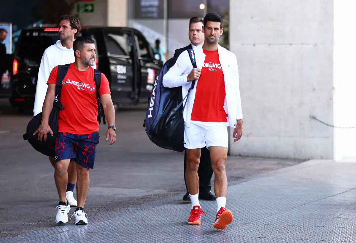 Novak Djokovic of Serbia walks out for a practice session during day five of the Mutua Madrid Open at La Caja Magica in Madrid, on May2, 2022. (Clive Brunskill/Getty Images)