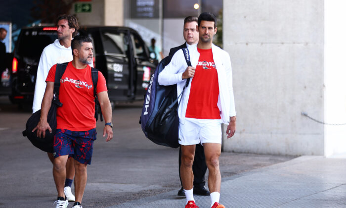 Novak Djokovic of Serbia walks out for a practice session during day five of the Mutua Madrid Open at La Caja Magica in Madrid, on May2, 2022. (Clive Brunskill/Getty Images)
