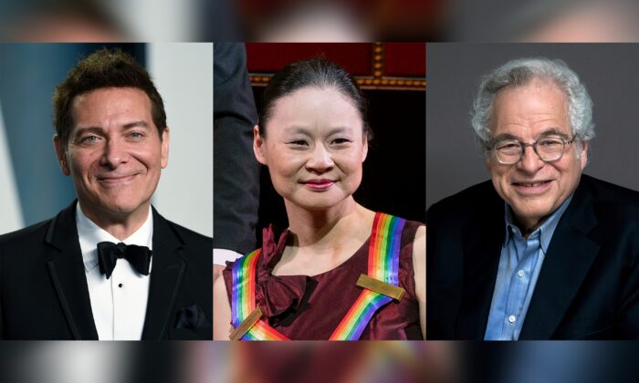 (Left) Singer Michael Feinstein appears at the Vanity Fair Oscar Party in Beverly Hills, Calif., on March 27, 2022. (Center) Violinist Midori appears at the 43rd Annual Kennedy Center Honors in Washington on May 21, 2021. (Right) Violinist Itzhak Perlman appears during a portrait session in New York on June 17, 2019. (AP Photo)