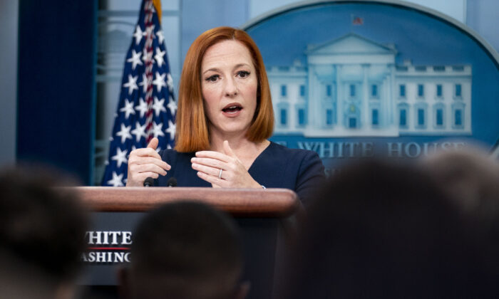 White House press secretary Jen Psaki speaks at a daily press conference in the James Brady Press Briefing Room of the White House   in Washington on April 29, 2022. (Sarah Silbiger/Getty Images)