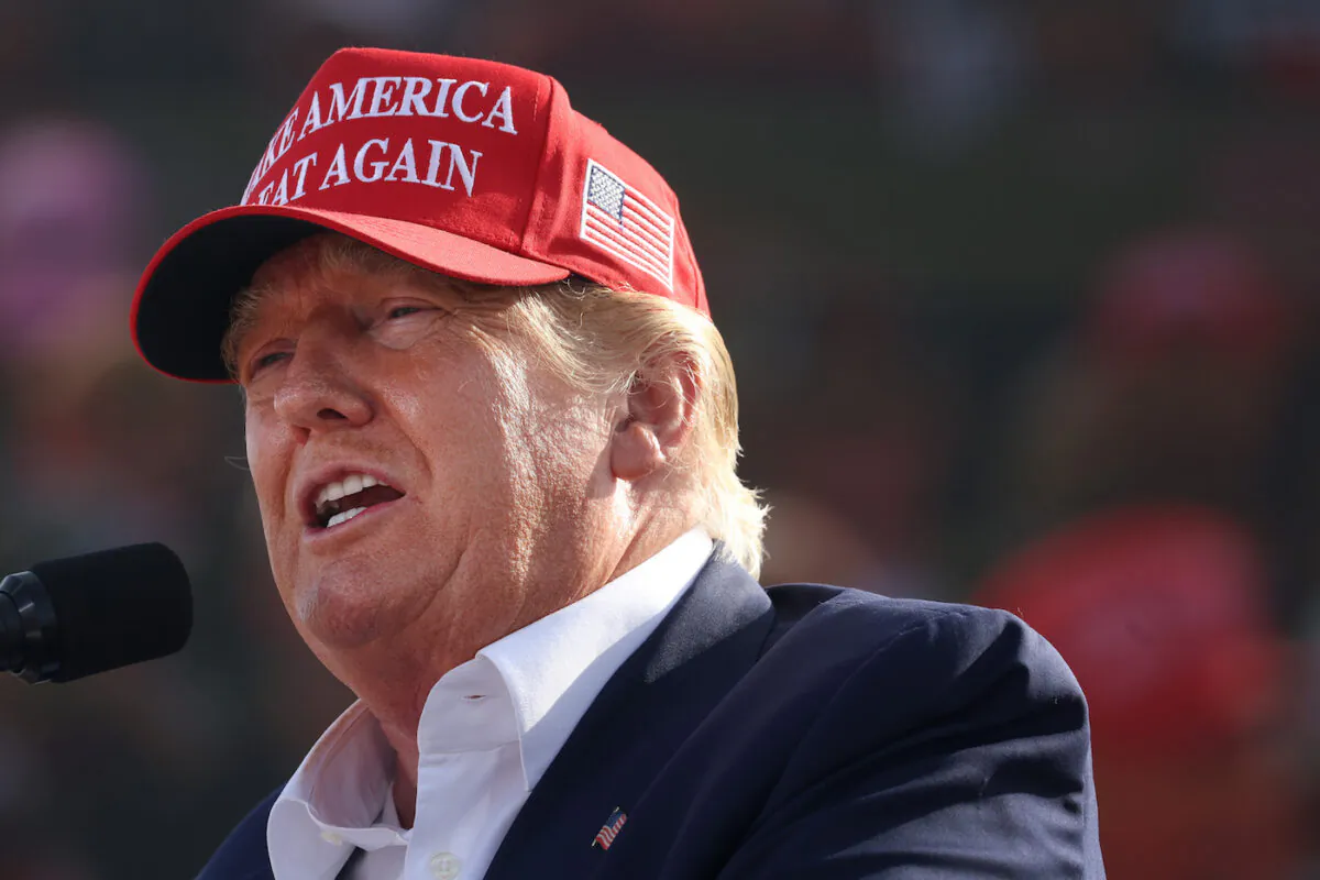 Former President Donald Trump speaks to supporters during a rally at the I-80 Speedway in Greenwood, Nebraska on May 1, 2022. (Scott Olson/Getty Images)