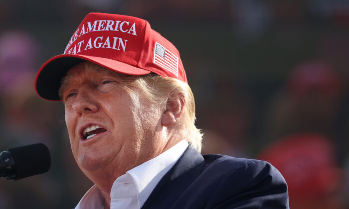 Former President Donald Trump speaks to supporters during a rally at the I-80 Speedway in Greenwood, Nebraska on May 1, 2022. (Scott Olson/Getty Images)