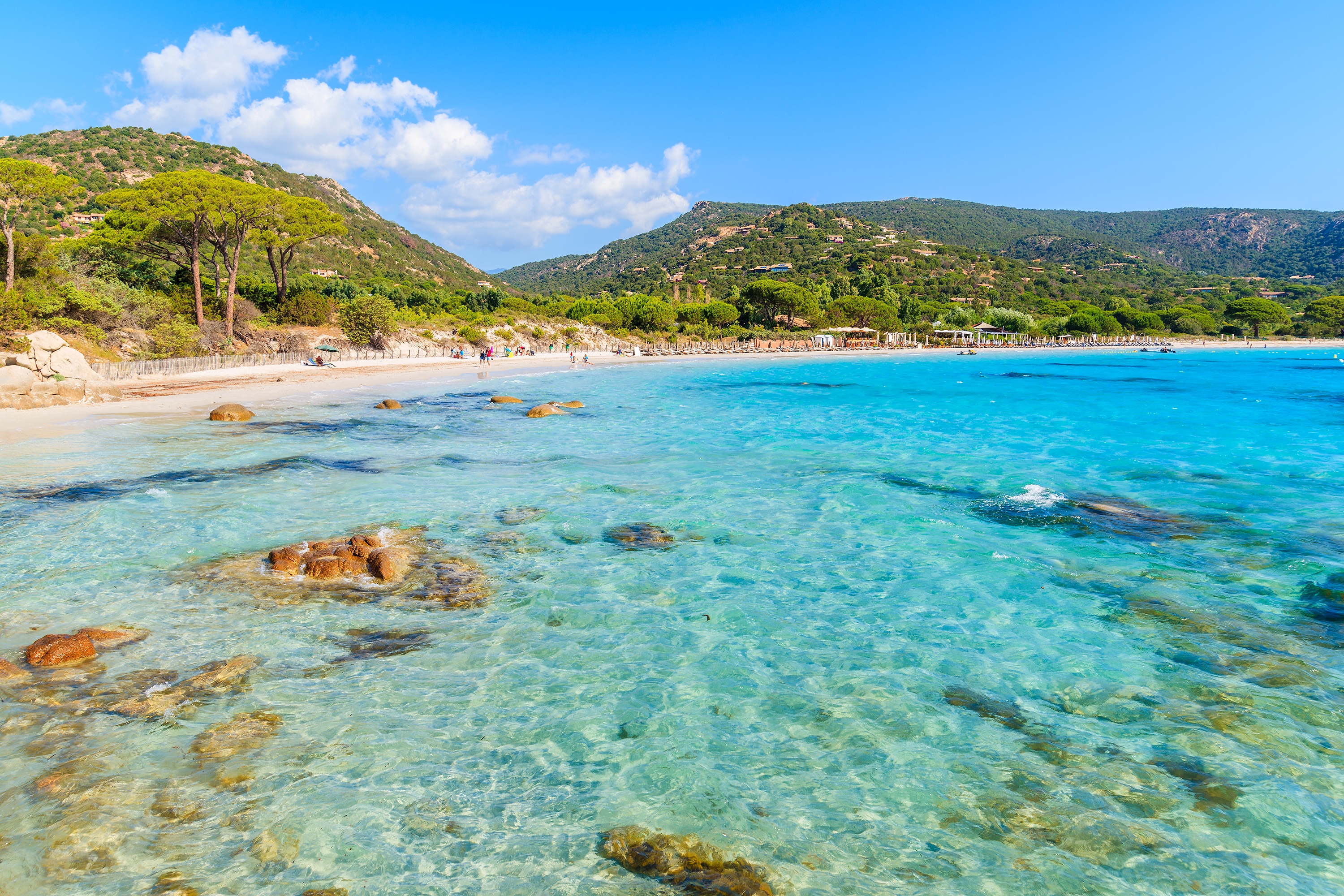 Azure crystal clear sea water of Palombaggia beach on Corsica island, France