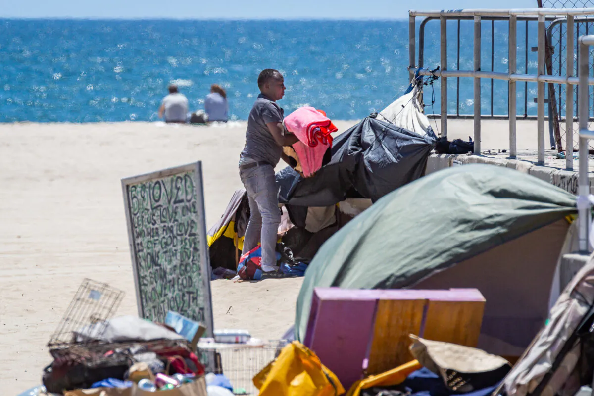 A homeless individual in Venice Beach, Calif., on June 8, 2021. (John Fredricks/The Epoch Times)