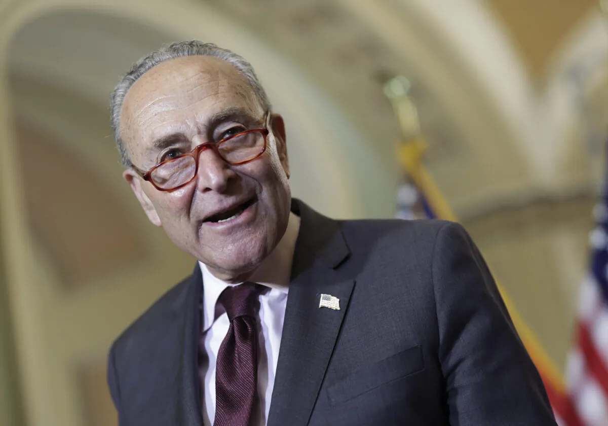 Senate Majority Leader Charles Schumer (D-N.Y.) speaks to reporters on Capitol Hill in Washington on May 3, 2022. (Kevin Dietsch/Getty Images)