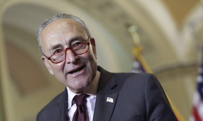 Senate Majority Leader Charles Schumer (D-N.Y.) speaks to reporters on Capitol Hill in Washington on May 3, 2022. (Kevin Dietsch/Getty Images)