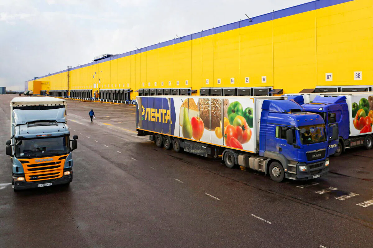 Trucks at a warehouse of Russian retailer Lenta in Leningrad Region, Russia on April 27, 2022. (Anton Vaganov/Reuters)