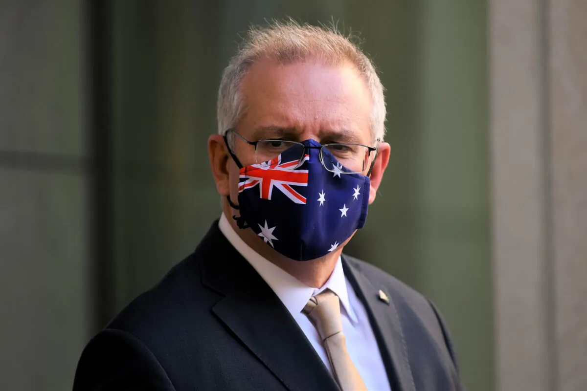 Australian Prime Minister Scott Morrison during a press conference at Parliament House in Canberra, Australia, on Aug. 19, 2021. (AAP Image/Lukas Coch)