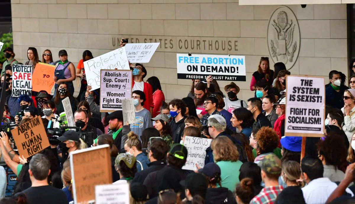 Activists gather outside the U.S. Courthouse to demonstrate in support of abortion, in downtown Los Angeles on May 3, 2022. (Frederic J. Brown/AFP via Getty Images)