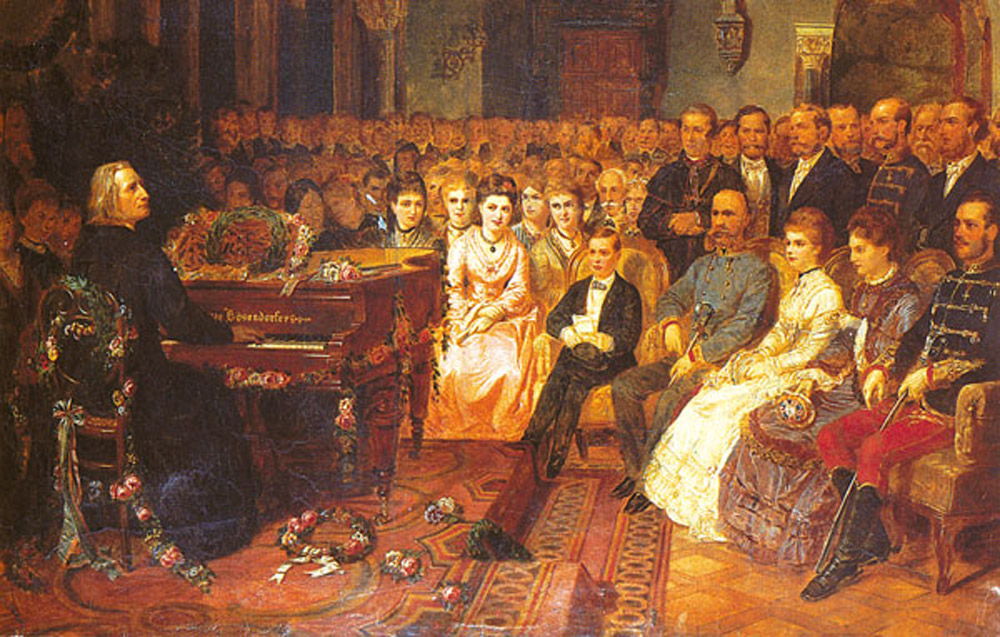 Liszt giving a concert for Emperor Franz Joseph I, before 1890, by an unknown artist. (PD-US)