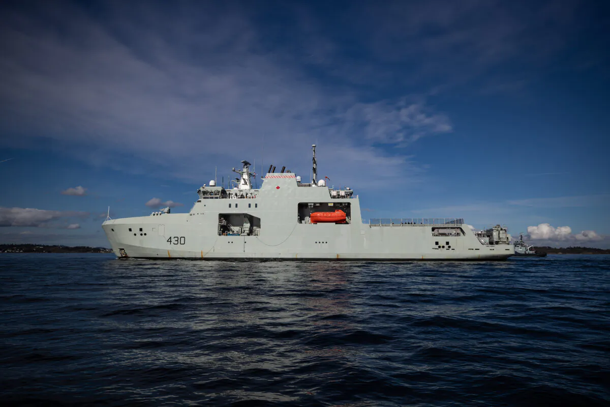 The Royal Canadian Navy's newest Arctic and offshore patrol ship, HMCS Harry DeWolf, approaches port in Victoria, B.C., after arriving from Vancouver on Oct. 3, 2021. (The Canadian Press/Darryl Dyck)