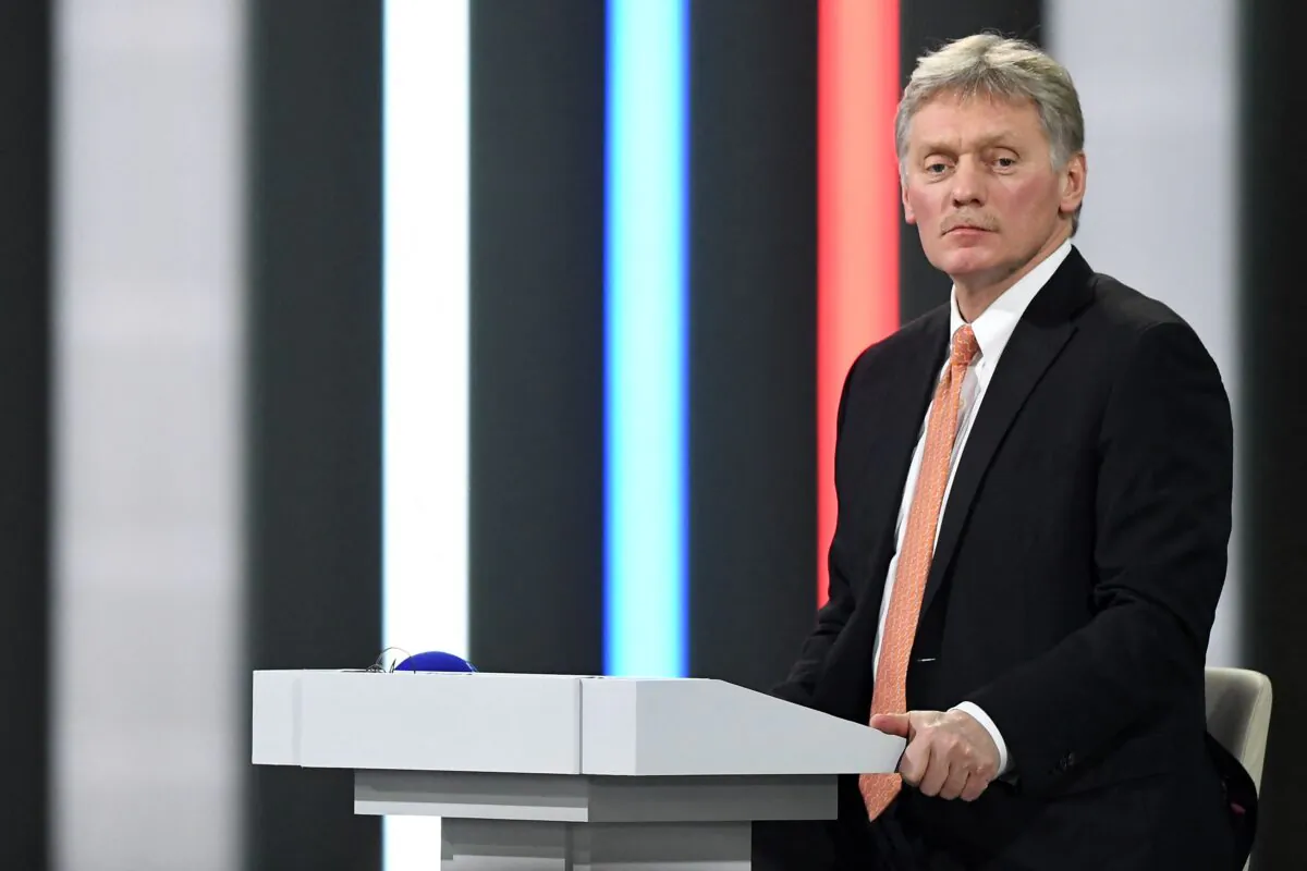 Kremlin spokesman Dmitry Peskov moderates Russian President Vladimir Putin's annual press conference at the Manezh exhibition hall in central Moscow, on Dec. 23, 2021. (Natalia Kolesnikova/AFP via Getty Images)