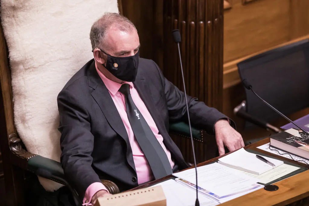Speaker Trevor Mallard is seen during Question time and sitting of the House in the House of Representatives debating chamber in Wellington, New Zealand, on Aug. 31, 2021. (Robert Kitchin - Pool/Getty Images)