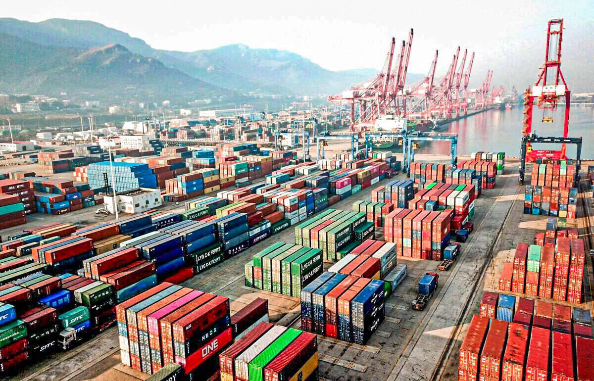 This aerial photo shows containers stacked at a port in Lianyungang in China's eastern Jiangsu province, on Dec. 7, 2021. (STR/AFP via Getty Images)