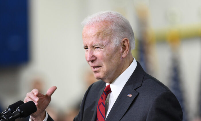President Joe Biden speaks to employees at Lockheed Martin, a facility that manufactures weapon systems such as Javelin anti-tank missiles, in Troy, Ala., on May 3, 2022. (Julie Bennett/Getty Images)