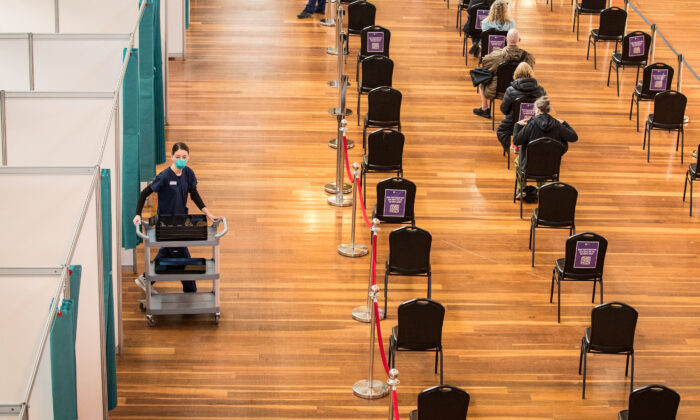 A nurse is seen inside the Royal Exhibition Building Vaccination Centre in Carlton in Melbourne, Australia, on Aug. 25, 2021. (Darrian Traynor/Getty Images)