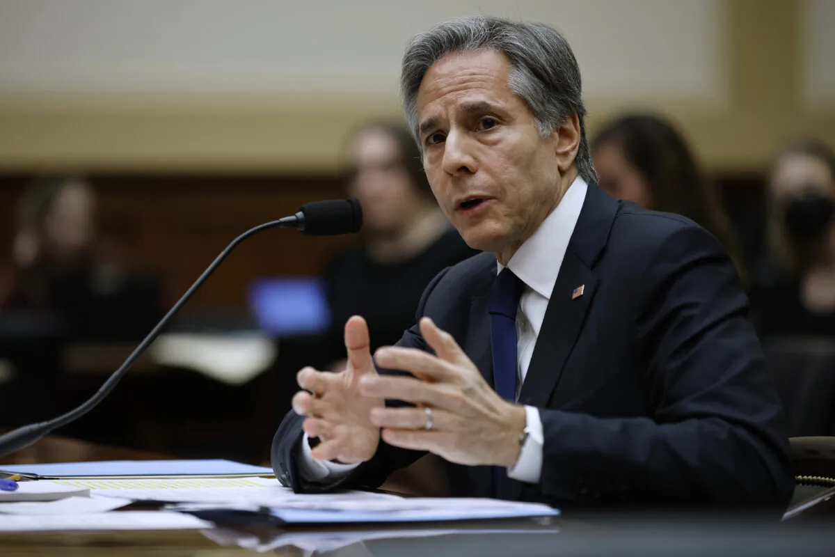 Secretary of State Antony Blinken testifies before the House Foreign Affairs Committee about the FY2023 budget request for the State Department in the Rayburn House Office Building on Capitol Hill in Washington on April 28, 2022. (Chip Somodevilla/Getty Images)