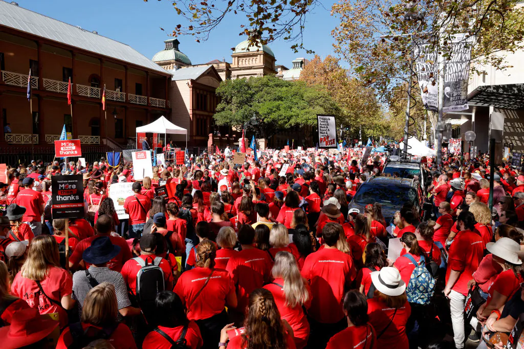 School teachers march along Macquarie St towards NSW Parliament in Sydney, Australia on May 04, 2022. (Photo by Jenny Evans/Getty Images)