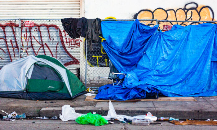 Homeless encampments in Los Angeles, Calif., on Sept. 1, 2021. (John Fredricks/The Epoch Times)