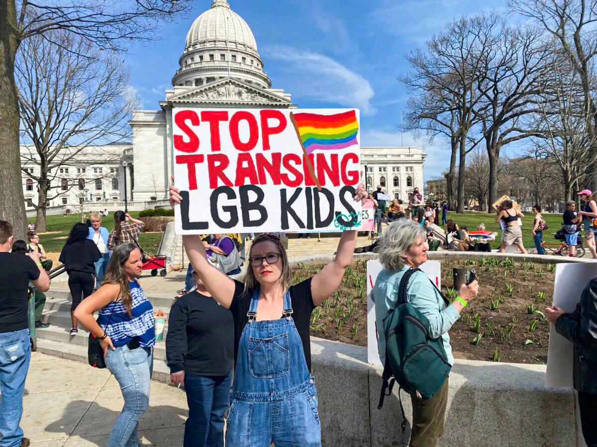 A protester denounces the "transing" of children at the state capitol in Madison, Wisconsin on April 23, 2022. (Courtesy of Charlie Jacobs (pseudonym))