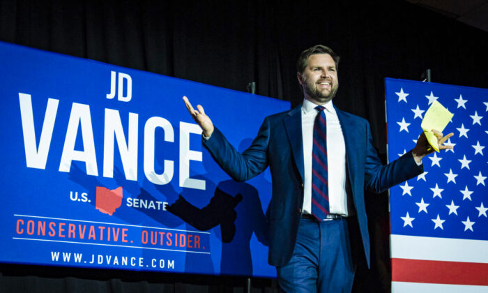 Republican U.S. Senate candidate J.D. Vance arrives onstage after winning the primary, at an election night event at Duke Energy Convention Center in Cincinnati, Ohio, on May 3, 2022. (Drew Angerer/Getty Images)