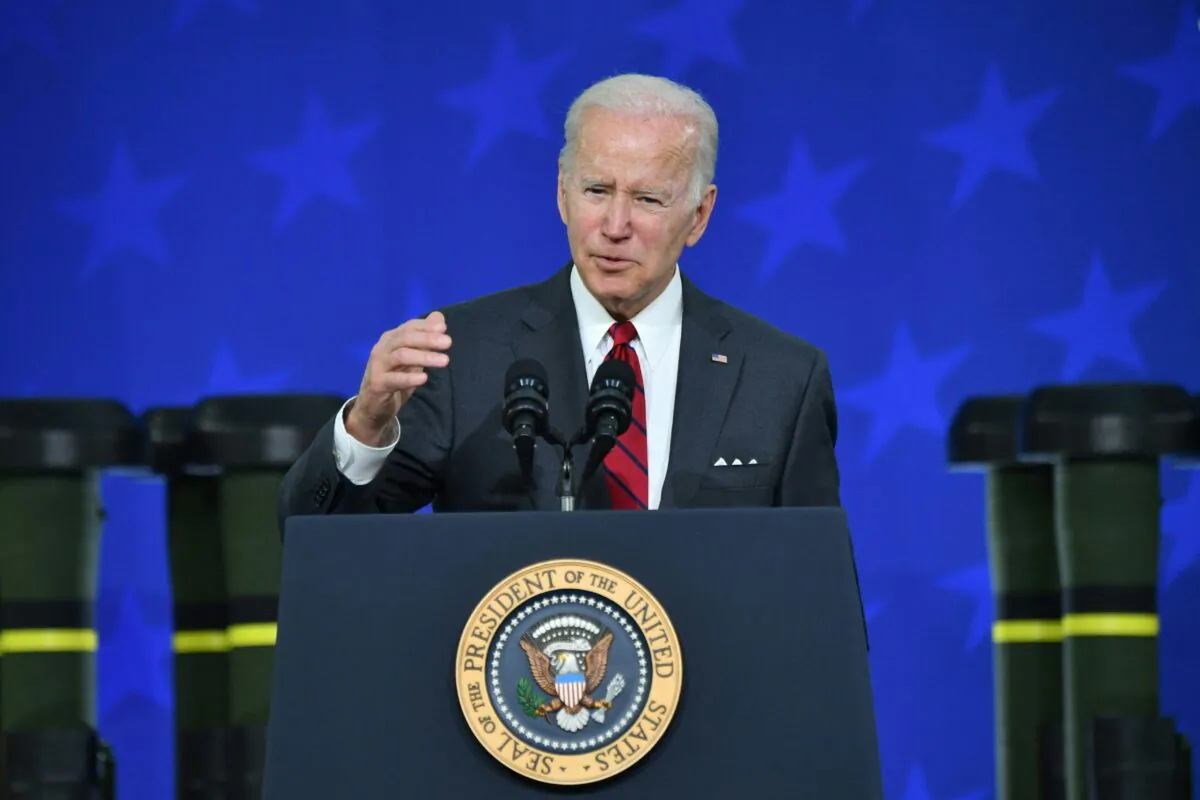 President Joe Biden speaks about security and the conlict in Ukraine during a visit to the Lockheed Martins Pike County Operations facility in Troy, Ala., on May 3, 2022. (Nicholas Kamm/AFP via Getty Images)