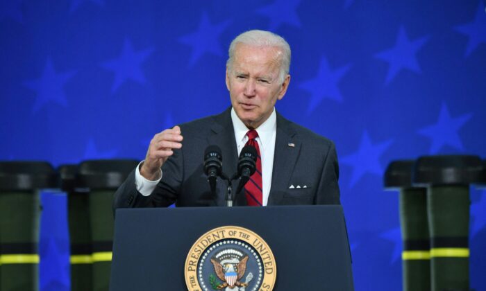 President Joe Biden speaks about security and the conlict in Ukraine during a visit to the Lockheed Martins Pike County Operations facility in Troy, Ala., on May 3, 2022. (Nicholas Kamm/AFP via Getty Images)