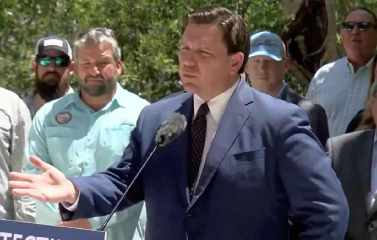 Florida's Gov. Ron DeSantis at a press conference in Lee County on May 3, 2022. (Screenshot/The Epoch Times)
